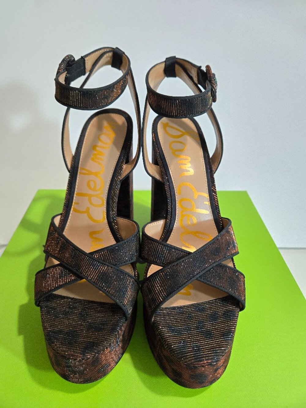 Sam Edelman Savannah Ankle Strap Platform Block Heels in Brown Glitz size 9.5